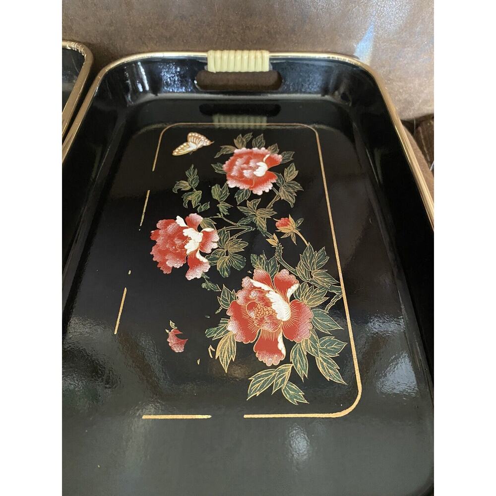 Two Plastic Japanese 10 1/2” Floral Both Different Wrapped Handle Trays - Picture 3 of 6